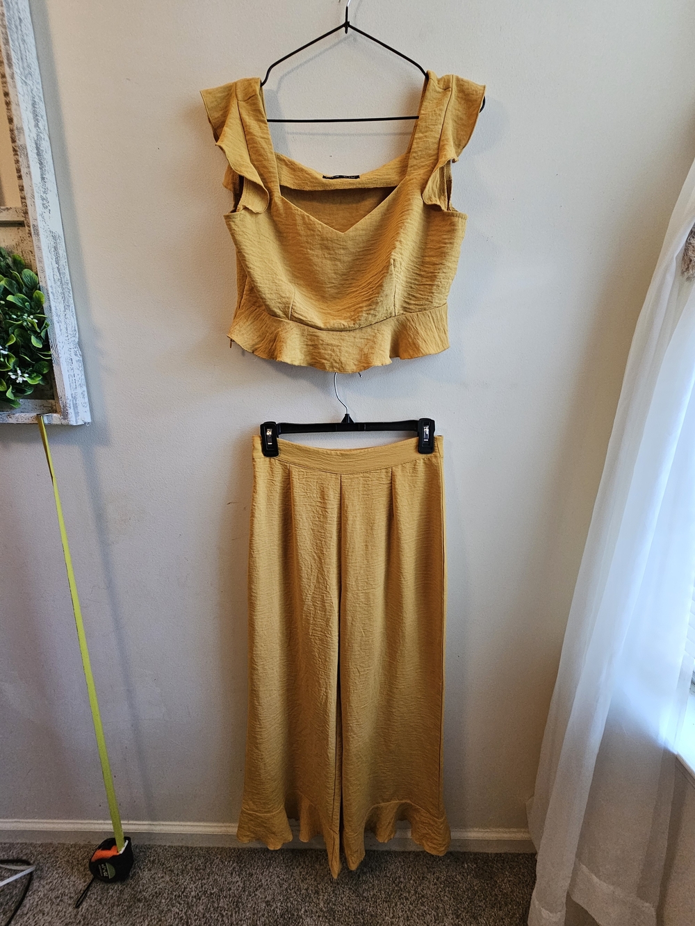SHEIN Mustard Yellow Ruffle Crop Top & Wide-Leg Pants Set